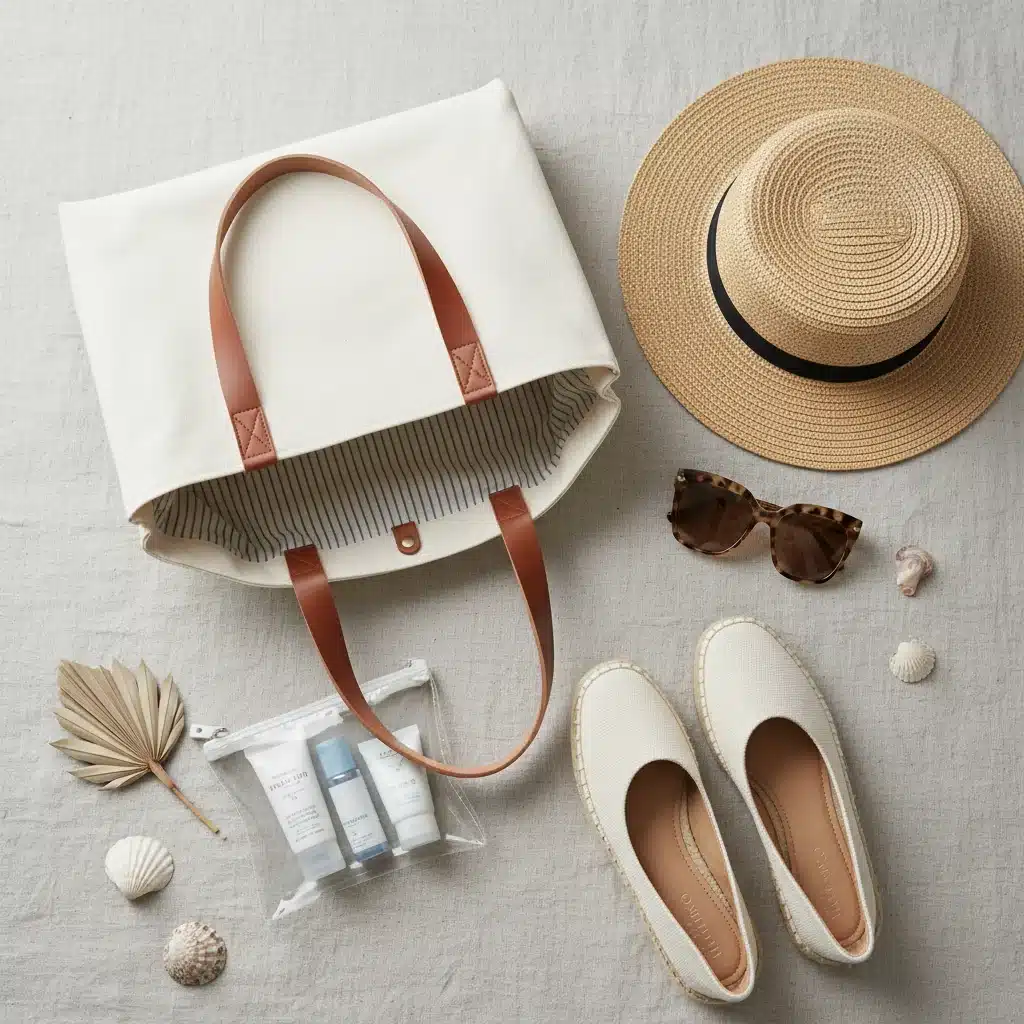 Flat lay of weekend getaway essentials: tote, hat, sunglasses