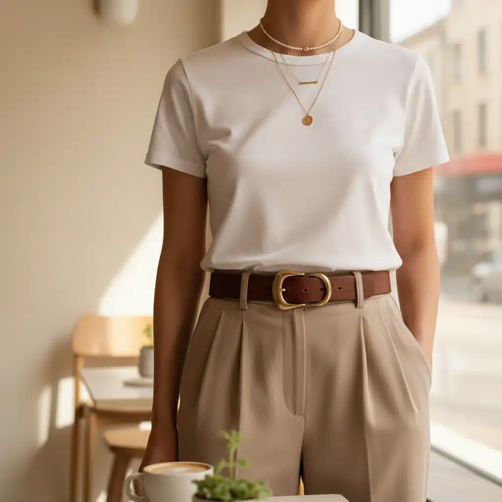 Elegant white t-shirt tucked into tailored trousers with statement belt and layered necklaces.