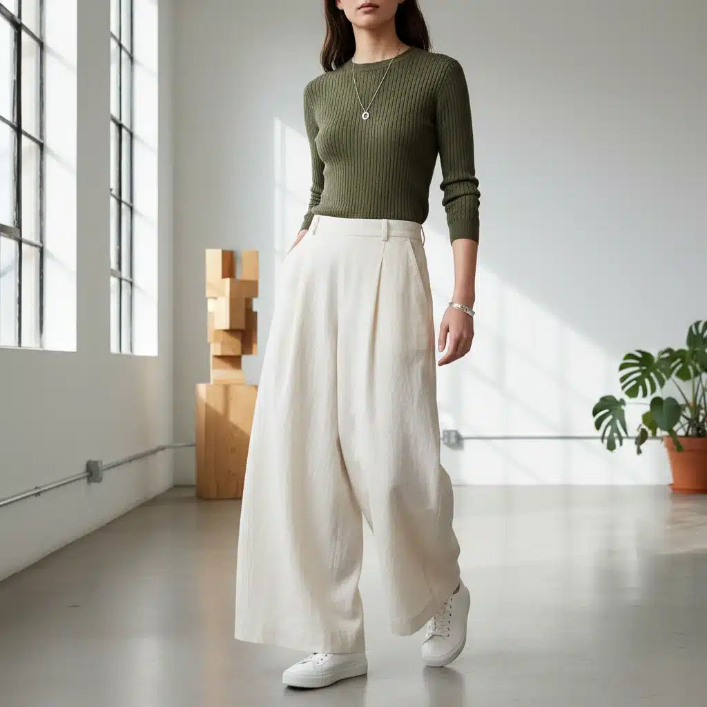 Person in flowing wide-leg trousers and knit top