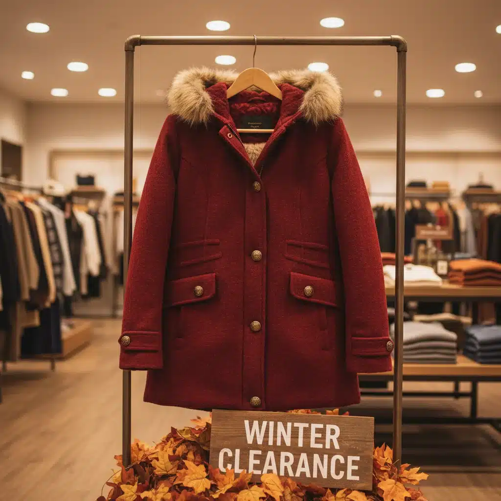 Warm winter coat on display with clearance sign