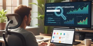 WordPress SEO optimization dashboard with analytics and magnifying glass