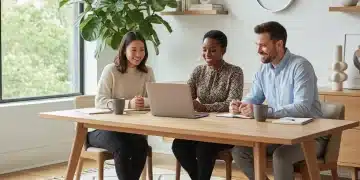 Professionals in stylish yet comfortable work-from-home outfits on a video call in a modern home office.