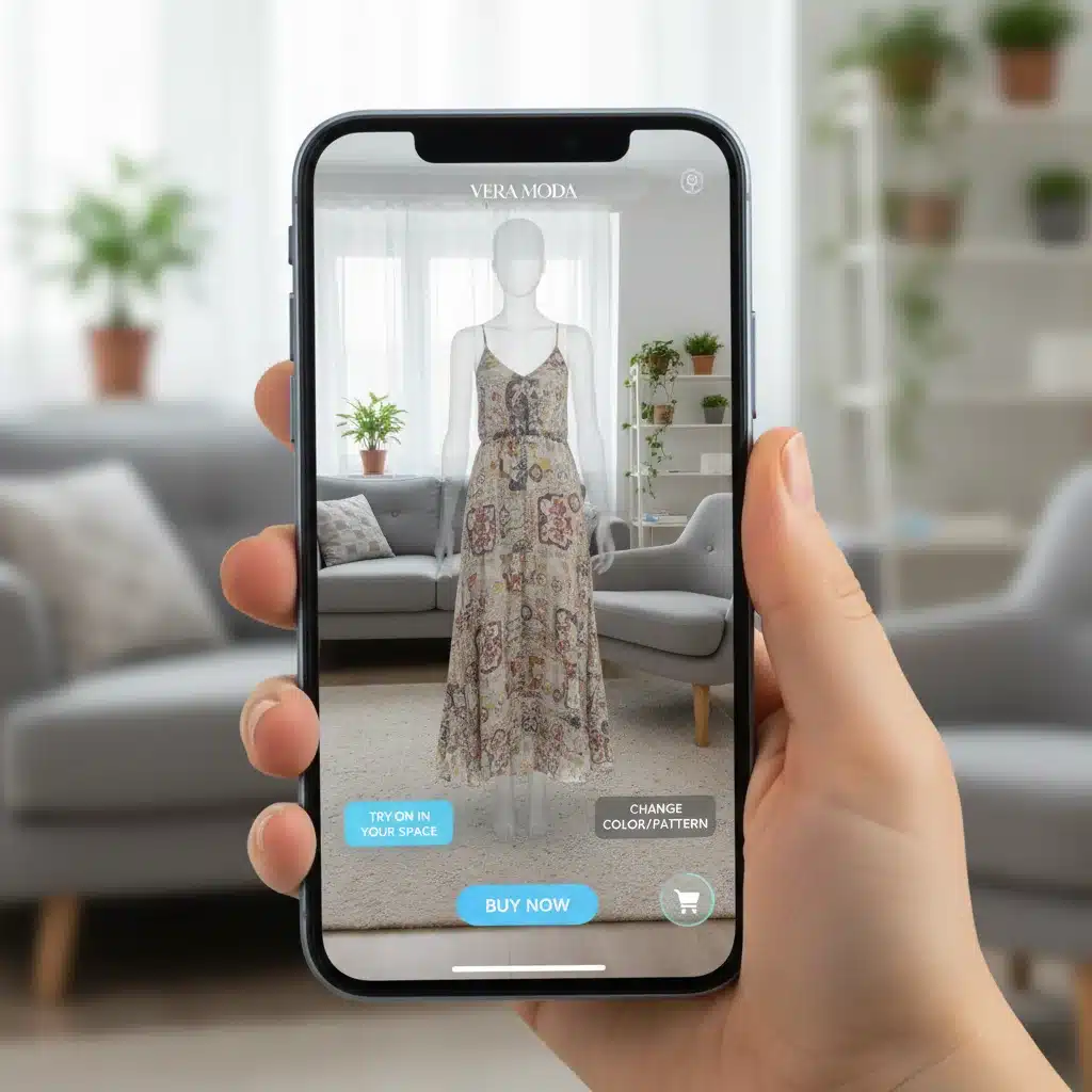 Augmented reality shopping experience on a smartphone, showcasing virtual try-on.