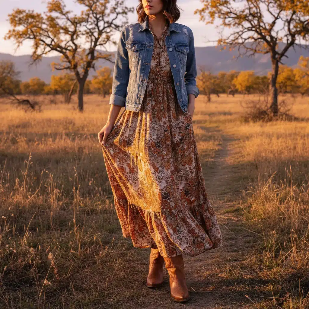 Boho maxi dress with denim jacket and cowboy boots in rustic setting