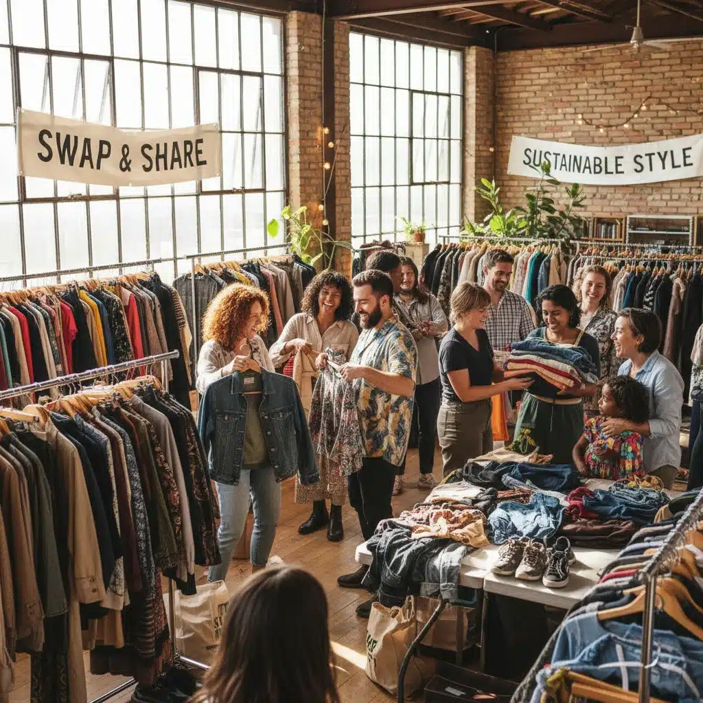 Community clothing swap event promoting sustainable fashion and reuse