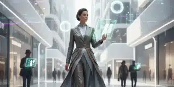 Woman using smart device for sustainable fashion shopping in a modern city