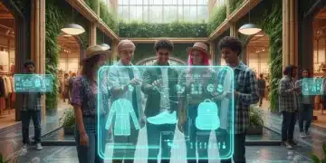 Gen Z shoppers engaging with futuristic retail technology and sustainable products.