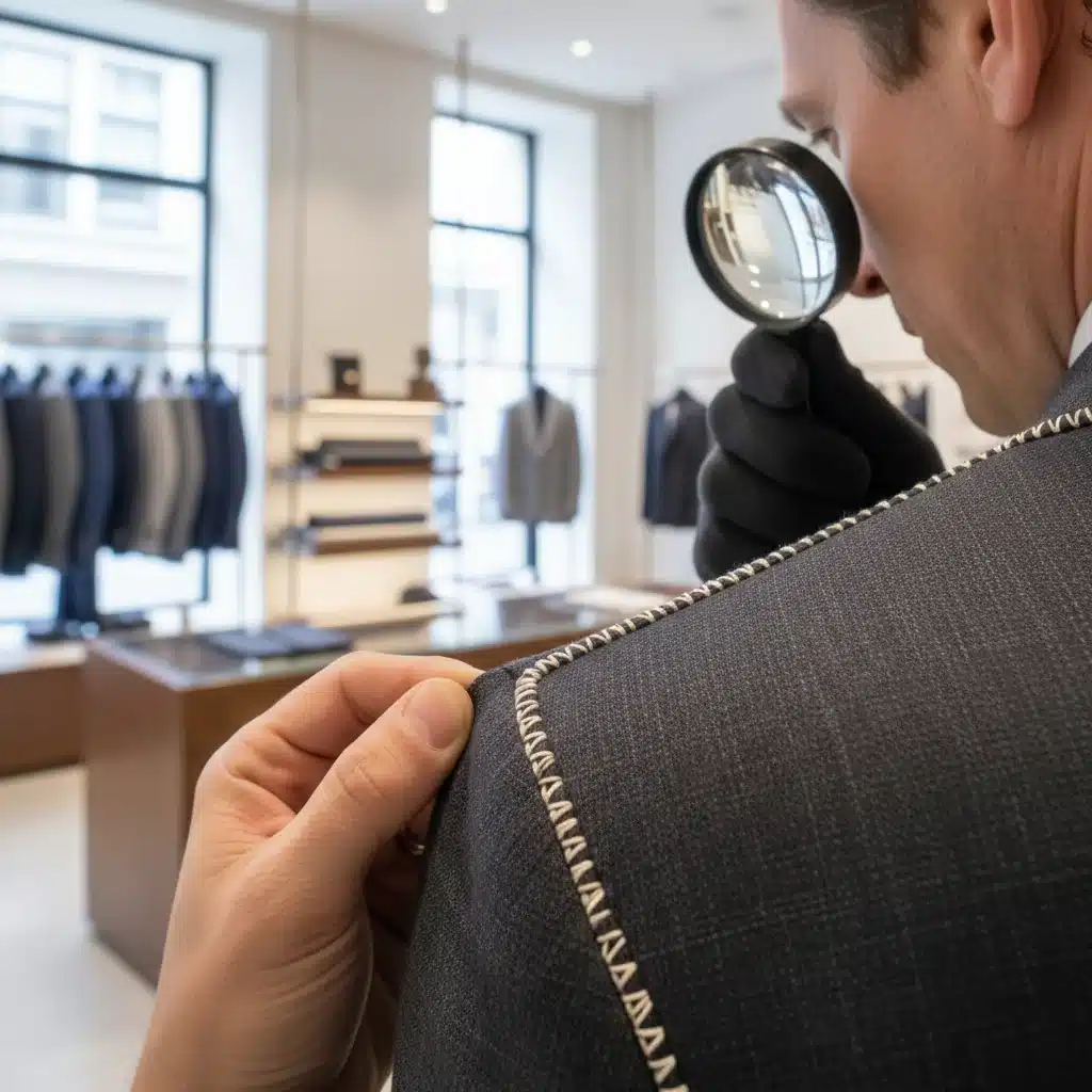 Close-up of hands inspecting garment quality and craftsmanship in a store