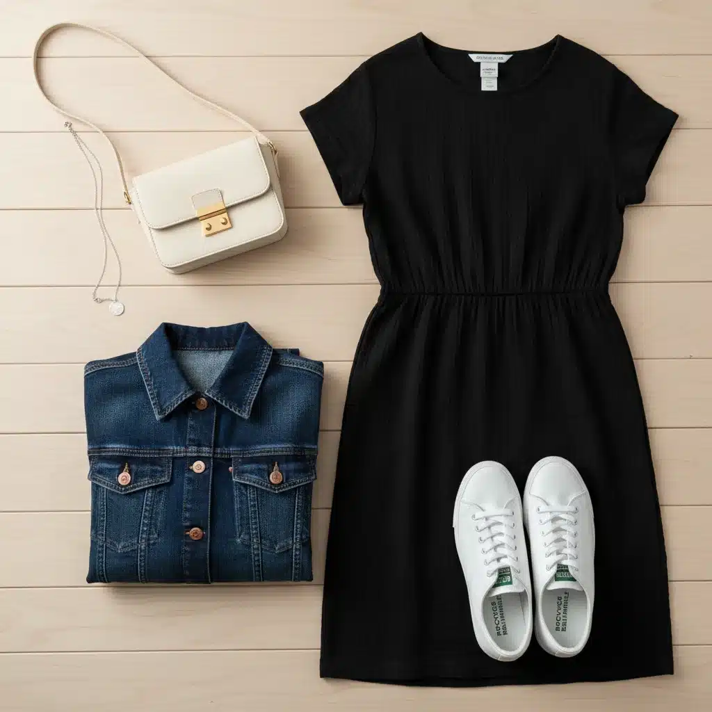 Flat lay of minimalist conscious wardrobe essentials: denim jacket, organic dress, recycled sneakers