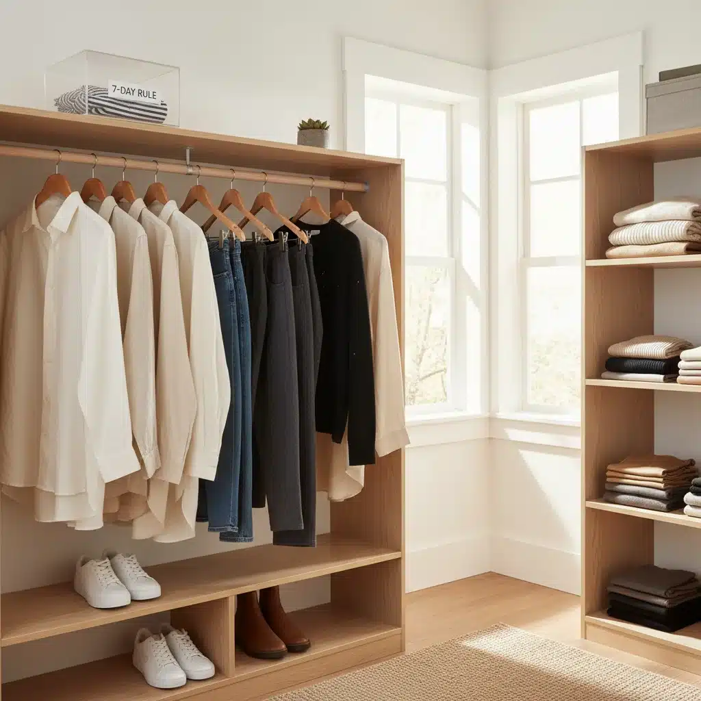 Organized minimalist wardrobe from smart shopping