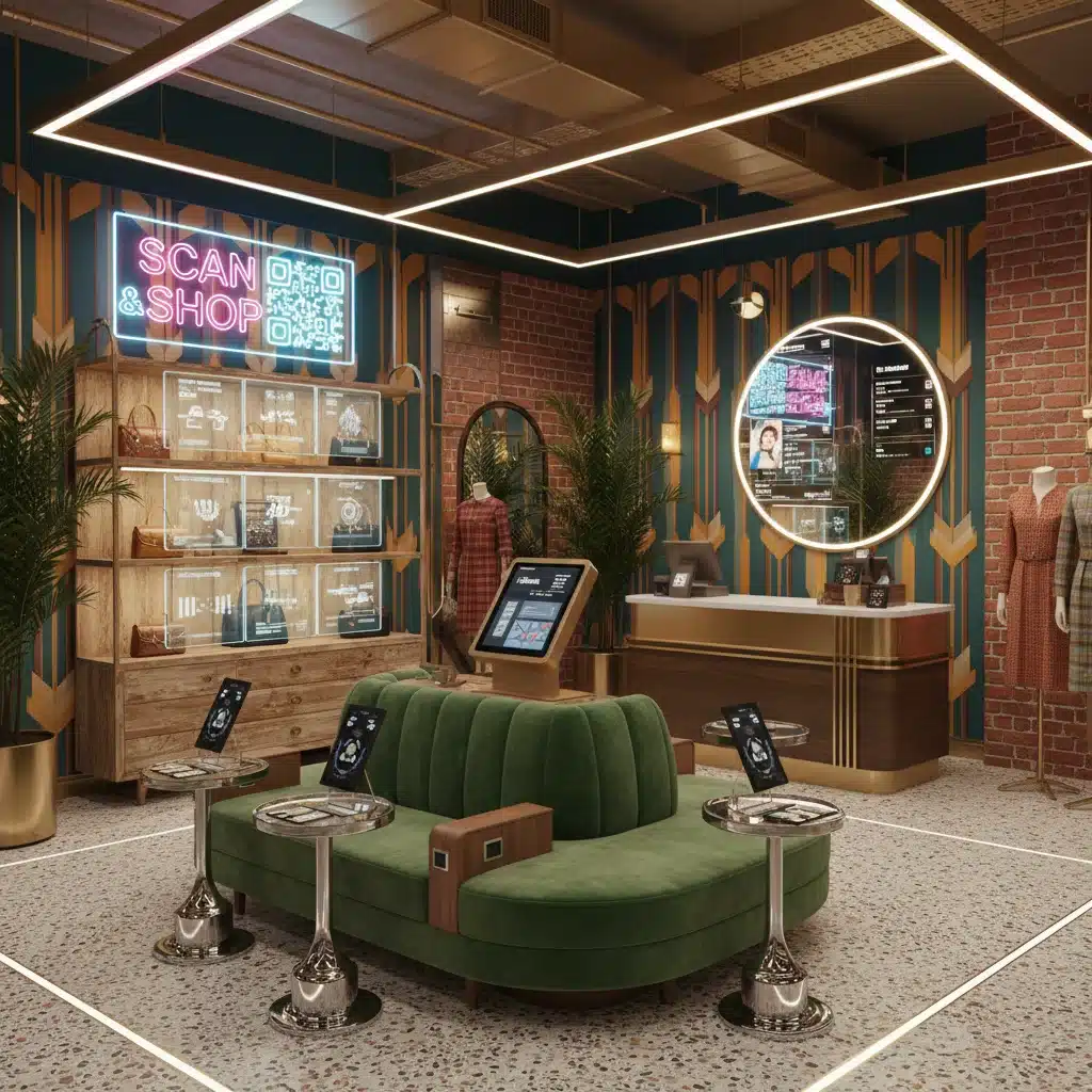 Retrofuturistic retail space blending vintage aesthetics with modern technology.