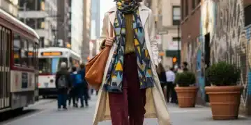 Stylish person in creative layered outfit walking in urban setting