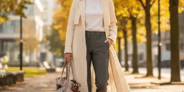 Woman in sustainable trench coat and recycled trousers in an urban park