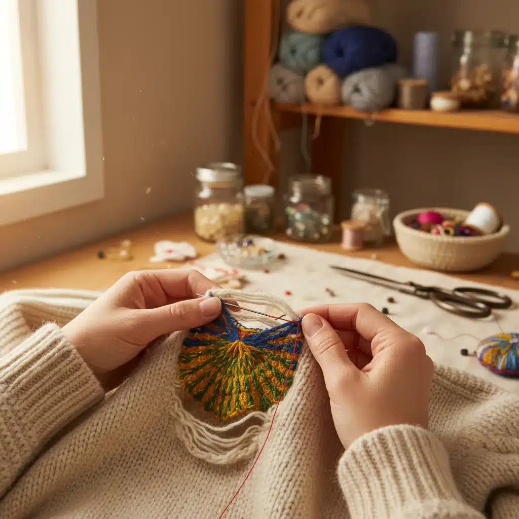 Hands visibly mending a knitted sweater with colorful thread, promoting repair and longevity